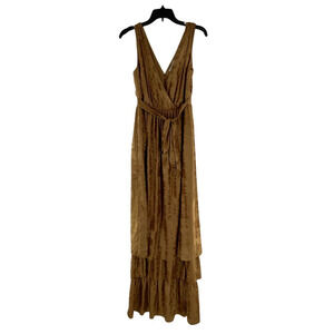Likely Gown Womens Size Small Metallic Gold Sleeveless Belted Tiered Lined Dress